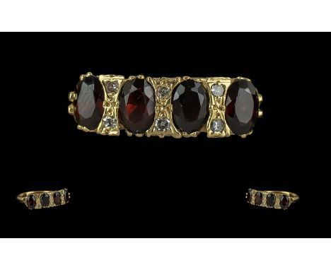 18ct Gold Garnet & Diamond Half Hoop Ring, weight 5.54 grams.  Ring size Q/R.