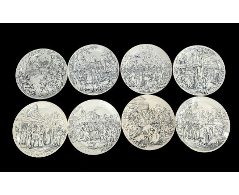 A set of 8 French Paris plates, circa 1880, each printed in black and white with a cartoon by Ch. Hamlet, after Draner, with 