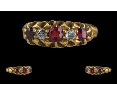 Edwardian Period Ladies 18ct Gold 5 Stone Ruby and Diamond Set Ring, Raised Open worked Setting, Full Hallmark for Chester 19