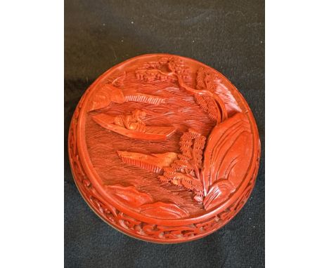 Cinnabar Small Lidded Box of Circular Form, Beautifully Decorated Throughout of a Small Boat and Figure with Trees. Approx 4 