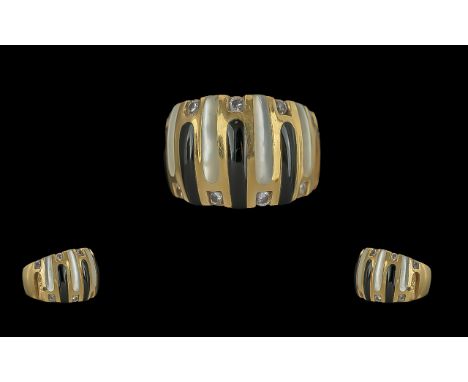 Kabawa - Signed 14ct Rose Gold Mother of Pearl Black Enamel Inlay Diamond Set Stylish Dress Ring, Signed to Interior of Ring 