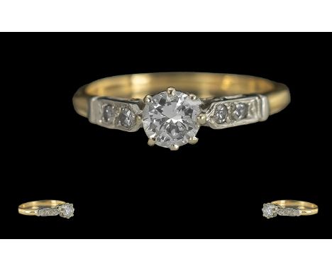 Ladies 18ct Gold Single Stone Diamond Set Ring, with Diamond Set Shoulders, Marked Platinum and 18ct To Interior of Shank, Th