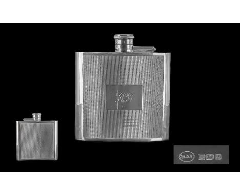 Elizabeth II Excellent Quality - Engine Turned Bow Front Sterling Silver Hip Flask, Screw on Top. Hallmark Birmingham 1951, M
