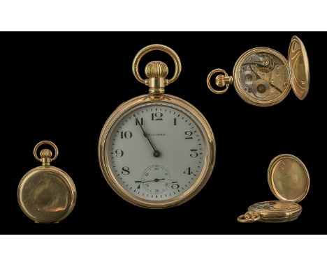 American Watch Co Waltham Gold Plated Keyless Open Faced Pocket Watch. The Case Guaranteed to Wear 10 Years, Dennison Case. 