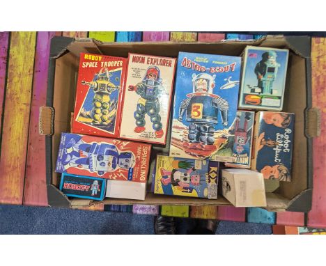 Collection of Eleven Vintage Robots, wind up with master keys.  Includes Robot Space Trooper, Moon Explorer, Astro-Scout, Spa