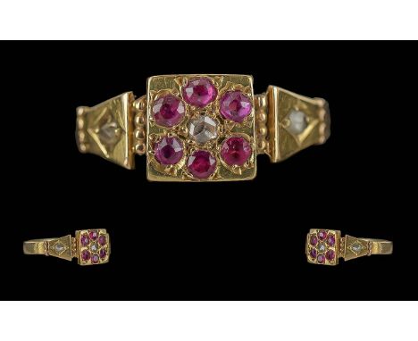 Antique Period - Pleasing Petite 15ct Gold Ruby and Diamond Set Ring, Excellent Design / Form, Marked 625 - Hallmark Birmingh