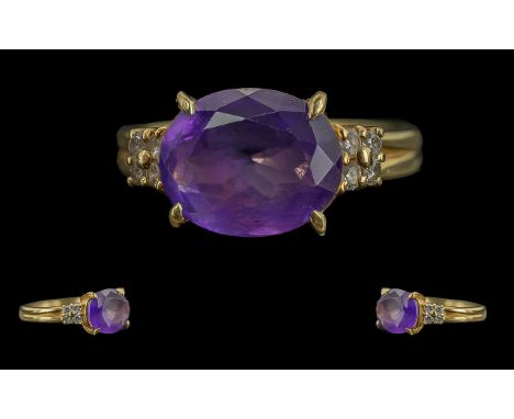 Ladies - Pleasing Quality 18ct Gold Amethyst and Diamond Set Dress Ring, Full Hallmark to Interior of Shank, The Large Facete
