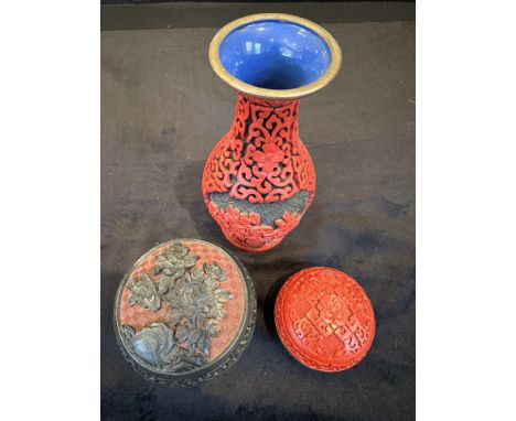 Collection of ( 3 ) Cinnabar Items, Includes Vase + 2 Circular Lidded Boxes. Beautifully Decorated Throughout. Please See Pho