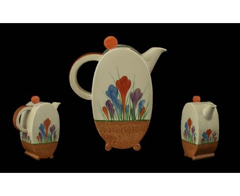 Clarice Cliff Hand Painted Lidded Teapot ' Crocus ' Design. c.1929. Bonjour Shape, Height 8 Inches - 20 cms. 