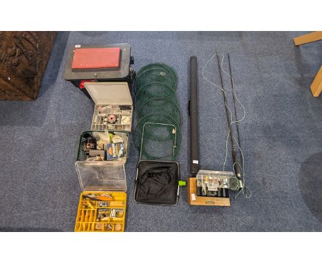 Collection of Fishing Equipment, to include box seat, nets, reels, two fly rods, etc.