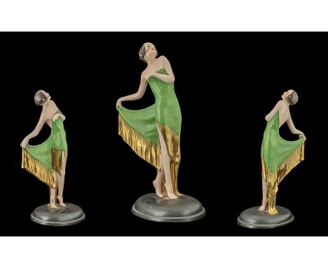 Crown Devon Art Deco Figure, No. 2271, an elegant lady in a green strapless dress, raised on a base, 13" tall.