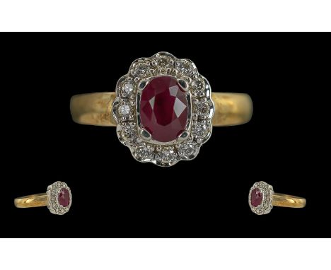 Ladies Attractive 9ct Gold Ruby and Diamond Set Dress Ring, Solid Shank. Full Hallmark to Interior of Shank + Diamond Weight 