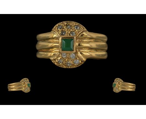 Ladies 18ct Gold Bespoke Diamond and Emerald Set Ring, Gold Marks to Interior of Shank, The Central Step-cut Emerald with Dia