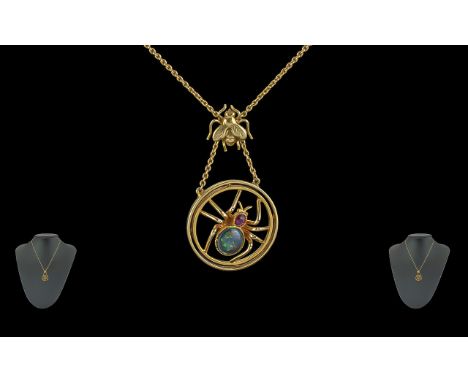 Ladies 14ct Gold Novelty Spider Pendant of Circular Form, The Head of a Spider Set with Ruby, The Body Set with Opal, Attache