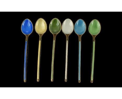 David Anderson Norwegian Superb Quality Set of Sterling Silver Gilt and Guilloche Enamel Coffee Spoons, signed David Anderson
