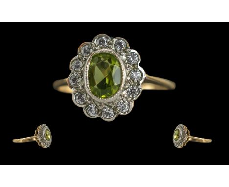 Ladies Attractive 9ct Gold Diamond and Peridot Cluster Ring, Full Hallmark to Interior of Shank, The Central Faceted Peridot 