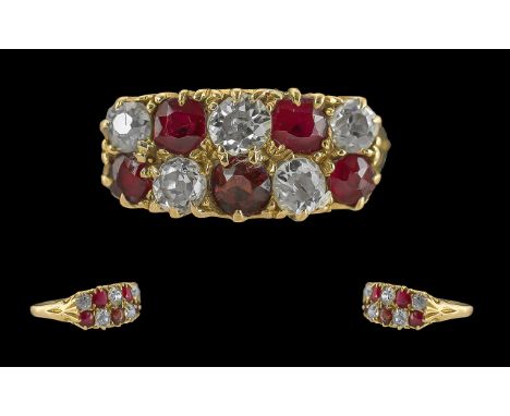 Antique Period - 18ct Gold Diamond and Ruby Set Dress Ring of Pleasing Design, Full Hallmark for Birmingham 1899, The Faceted