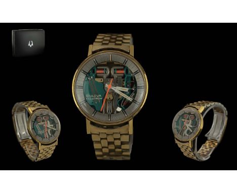 Bulova Accutron Space View Gents Analog Gold on Steel Wrist Watch. Case No 2-438660. c.1960's. Features Tuning Fork Skeleton,