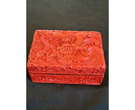 Cinnabar Small Lidded Box of Rectangular Form, Beautifully Decorated Throughout of Dragons / Sea creatures?, Approx Size 4 In