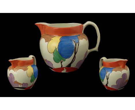 Clarice Cliff Art Deco Period Hand Painted Large Signed Milk Jug ' Cottages ' Cafe Au Lait Marguerite Design. c.1935. Height 