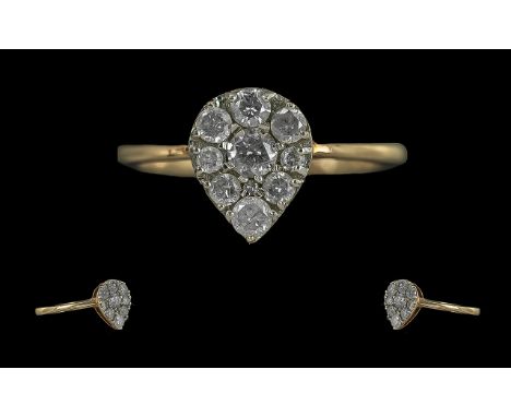 9ct Gold Diamond Dress Ring, pear shaped cluster set with ten round modern brilliant cut diamonds, with certificate, GH colou
