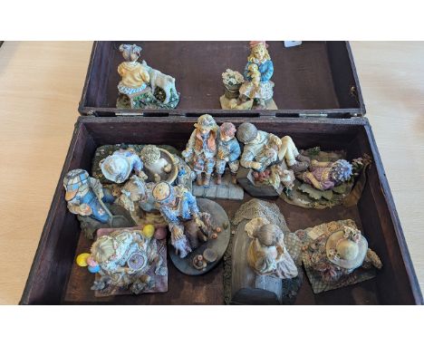 Small Wooden Trunk Containing a Quantity of Leonardo Collection Figures, including Down Memory Lane, First Love, Fisherman's 