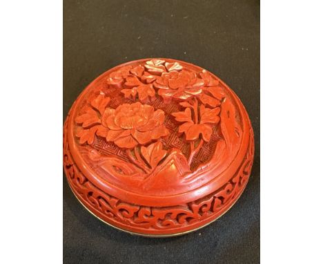 Collection of ( 3 ) Cinnabar Items, Includes An Ashtray + 2 Circular Lidded Boxes, All Decorated Throughout. Please See Photo