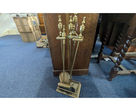 Brass Fire Irons, poker, brush, shovel and tongs, on stand.