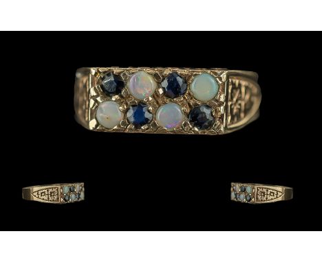 Ladies 9ct Gold Pleasing Sapphire and Opal Set Ring with raised, open worked setting, full hallmark to interior of shank, sap