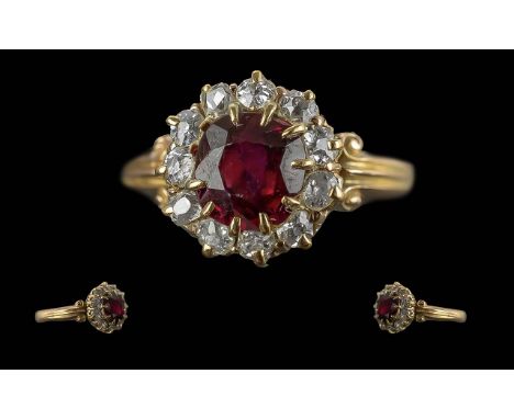 Edwardian Period 1901 - 1910 Ladies 18ct Gold Pleasing Ruby and Diamond Set Cluster Ring, Not Marked but tests 18ct Gold. The