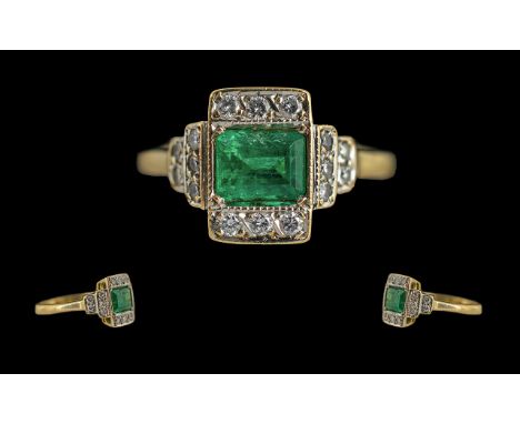 Ladies Art Deco Period Petite 18ct Gold Emerald and Diamond Set Ring of Pleasing Form / Design. The Step-cut Emerald of Good 