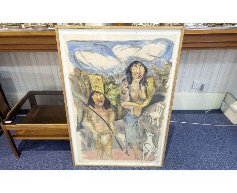 Dolores Ayerza Amazonian Tribal Painting, watercolour, depicting an Amozonian Family, by the Argentinian artist Dolores Ayerz