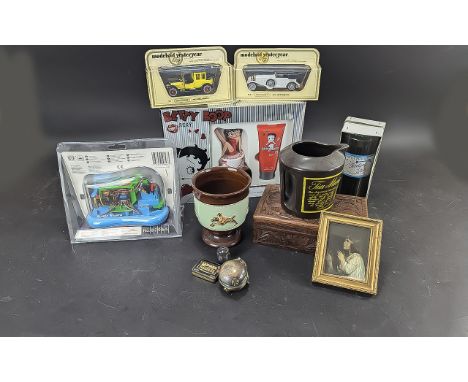 Box of Miscellaneous Items, including a carved wooden box, Denby tankard, Tia Maria jug, Models of Yesteryear, Betty Boop box