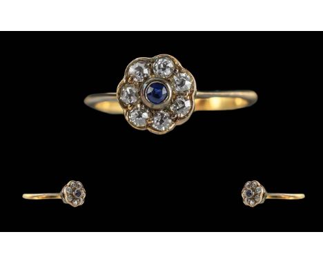 Antique Period - Pleasing 18ct Gold Petite Diamond and Sapphire Set Cluster Ring, Flower head Setting, Not Marked but Tests 1