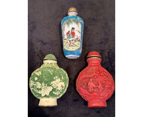 Collection of ( 2 ) Cinnabar Miniature Bottles + Together with A Miniature Oriental Bottle, ( 3 ) Items In Total, Very Decora