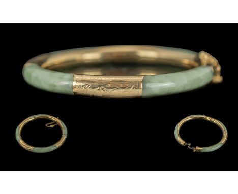 Ladies - Excellent 14ct Gold and Jade Hinged Bangle with Safety Chain, Not Marked but Tests 14ct Gold. c.Mid 20th Century. We