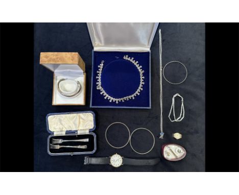 Collection of Collectables, Includes Silver Necklace, Silver Bangle, Pair of Silver Pickle Forks etc. Good Mixed Lot. 