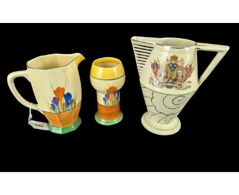 Clarice Cliff - Two Pieces, comprising Crocus pattern jug, Athens shape jug circa 1929, hand painted with Crocus sprays betwe