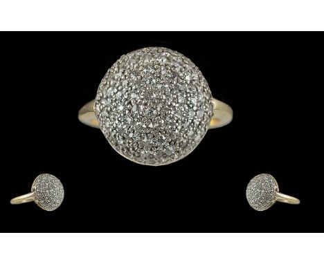Ladies 18ct Gold Diamond Set Dome Shaped Dress Ring, Marked 18ct to Interior of Shank, Pave Set, Diamonds of Good Colour / Cl