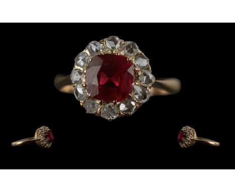 Antique Period - Ladies 18ct Gold Ruby and Diamond Set Cluster Ring, Raised Setting. The Central Ruby Surrounded by 12 Old Cu