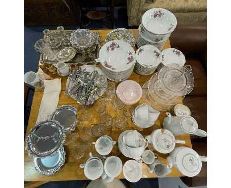 Box of Assorted Items, including plated ware tray, candlesticks, flatware, dinner plates, bowls, side plates, cake stand, gla