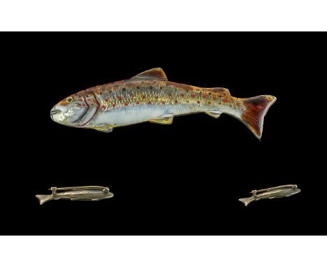 Novelty Fish Brooch An early 20th century 15ct gold, silver and enamel novelty figural salmon fish brooch, hand painted ename
