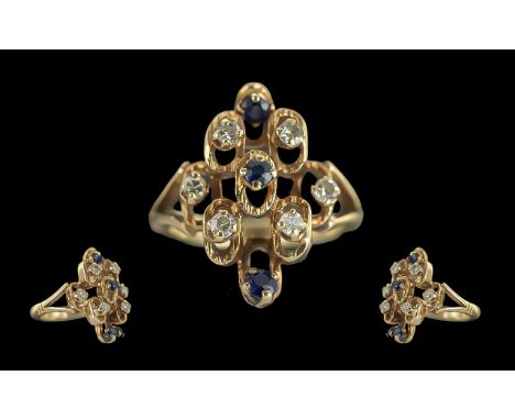 Ladies Contemporary Designed 9ct Gold Diamond and Sapphire Set Ring, Marked 9ct to Shank. Diamonds and Sapphires of Pleasing 