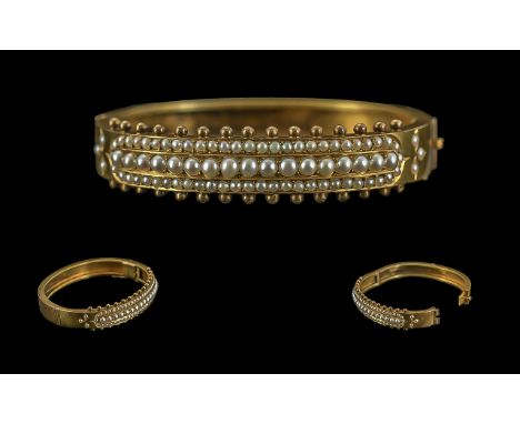 Victorian Period 1837 - 1901 15ct Gold Triple Row Pearls Set Hinged Bangle of Pleasing Design, With Original Display Box ( Fi
