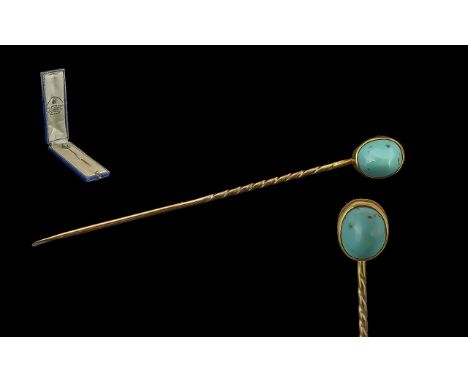 Antique Period - Pleasing 18ct Gold Turquoise Set Stick Pin with Original Fitted Display Box, Published from James Richie & S
