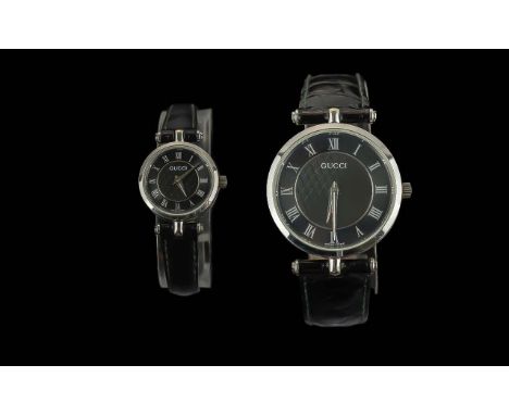 Gucci Ladies Pair of Steel Cased Quartz Wrist Watch with Black Dials, Silver Markers, with Gucci Display Box and Papers. 