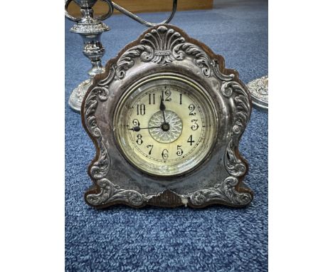 Box of Silver Plate Ware & 925 Silver & Wooden Clock. Includes Candlestick holders etc. 
