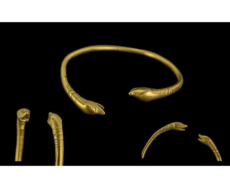 A Roman Gold Snake Head Bangle, Realistically Modelled Snake Head On A Plain Band, Tested On XRF Machine 23.22ct Gold, Weight