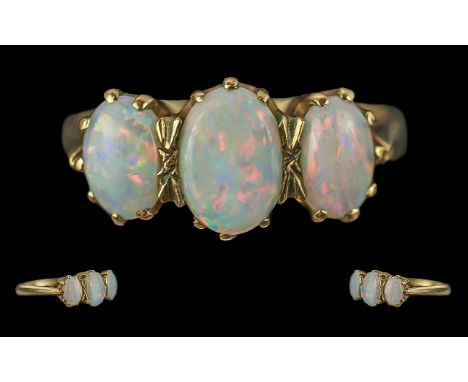 Antique Period Ladies 9ct Gold - 3 Stone Opal Set Ring, Raised Open worked Setting, The 3 Well Matched Opals of Good Colours,