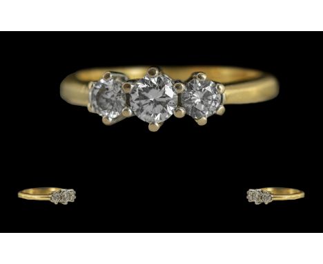 Ladies 18ct Gold Pleasing 3 Stone Diamond Set Ring, Full Hallmark to Interior of Shank. The 3 Well Matched Round Faceted Diam